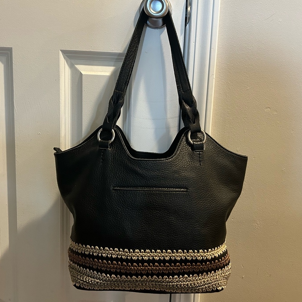 The Sak Back to Bali Black Pebbled Leather Crochet-Trim Shoulder Bag - Picture 3 of 16